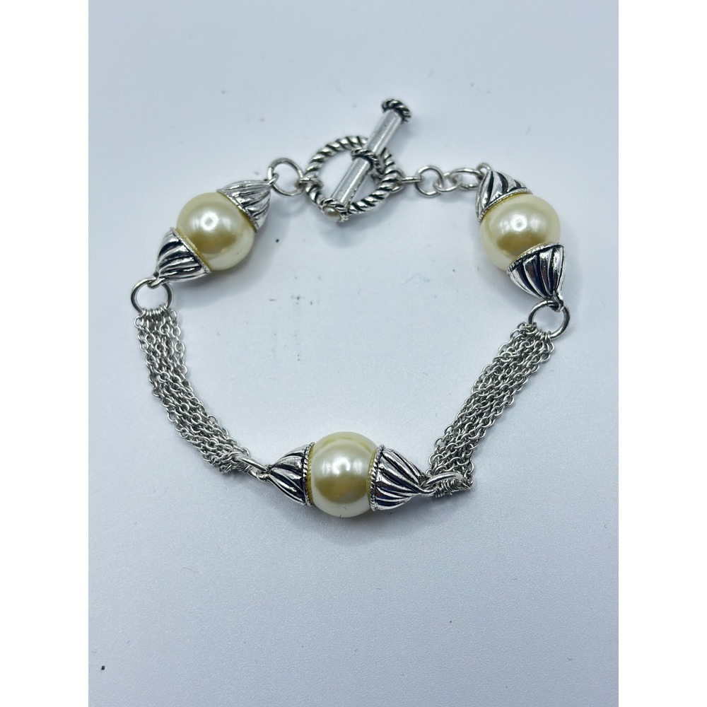 Trifari Pearlessence Faux Pearl Multi Strand Silver‎ Tone Toggle Bracelet 7"